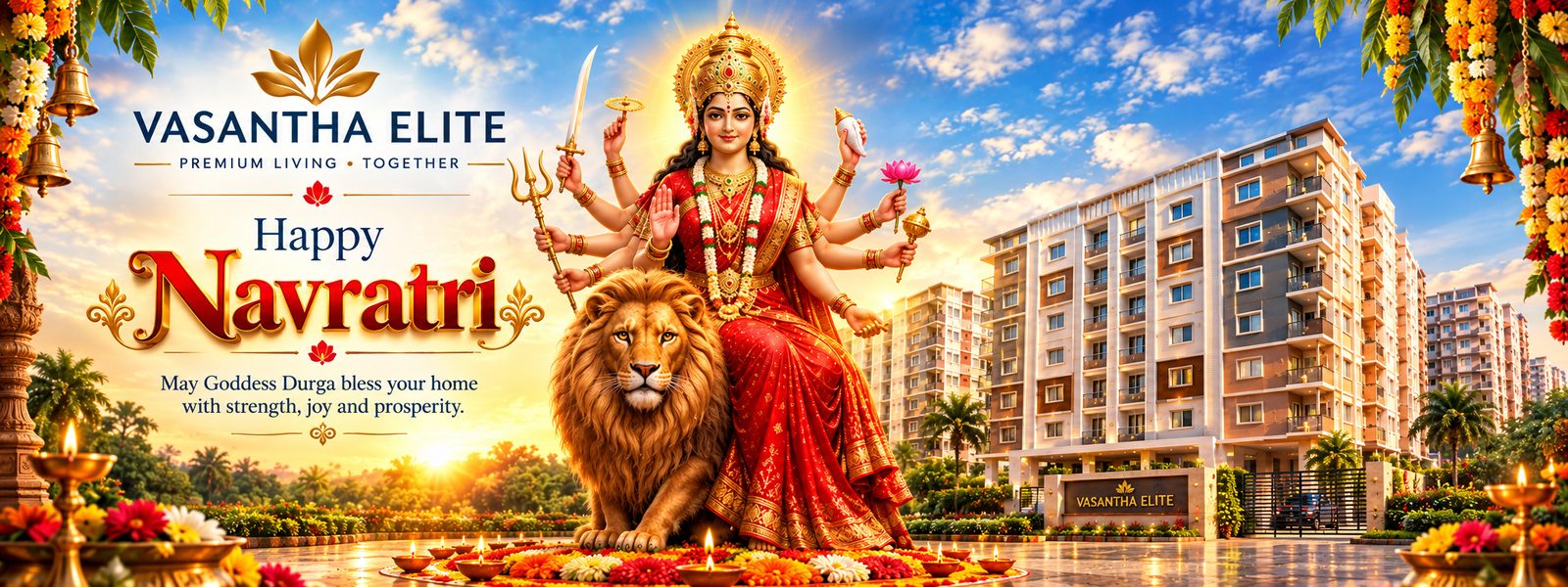 Happy Navratri from Vasantha Elite. May Goddess Durga bless your home with strength, joy and prosperity.